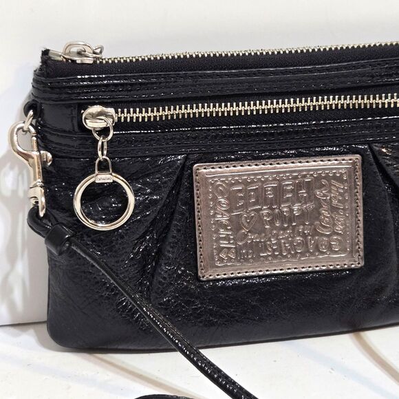Coach Poppy Black Leather Crossbody Shoulder Bag Purse Small Leopard Lining EUC - Picture 1 of 8